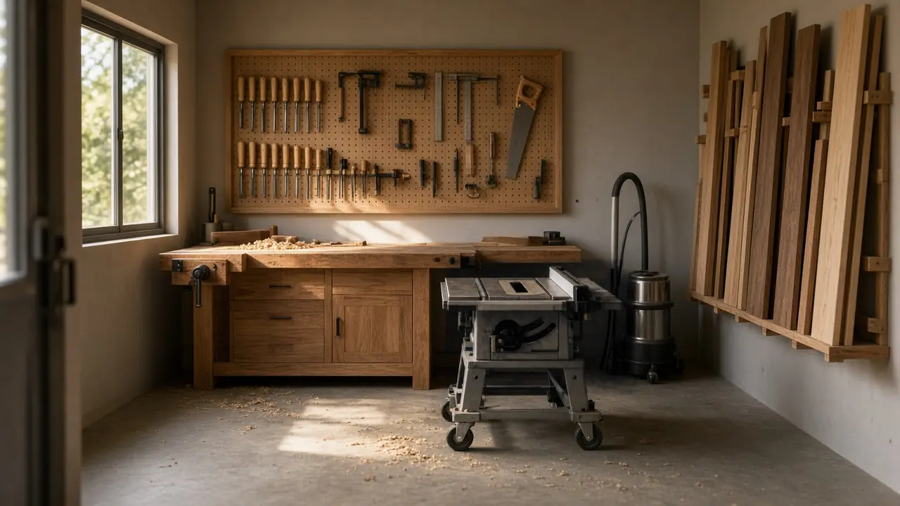 A tidy one-car-garage workshop: a wooden workbench with a vise, a pegboard of hand tools, a table saw on a mobile base, a lumber rack and a dust extractor